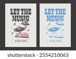 70s retro poster with vinyl record cartoon character, vector illustration