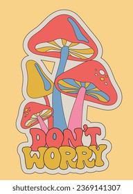 70s Retro psychedelic hippie magic mushroom illustration print with groovy rainbow background for graphic tee t shirt or sticker poster - Vector