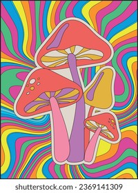 70s Retro psychedelic hippie magic mushroom illustration print with groovy rainbow background for graphic tee t shirt or sticker poster - Vector