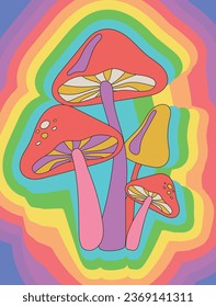 70s Retro psychedelic hippie magic mushroom illustration print with groovy rainbow background for graphic tee t shirt or sticker poster - Vector