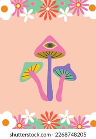 70s retro revival concept. Psychedelic mushrooms with groovy flowers. Poster, flyer, card, banner design. Background. Positive vibes
