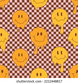 70s retro seamless pattern with hippie groovy melting smile faces. Melting Smiles on checkerboard background. Vintage vector for fabric, wallpaper, packaging or wrapping paper.