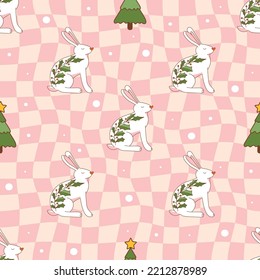 70s retro seamless pattern with hippie groovy rabbit, spruce on checkerboard background. Vintage vector for fabric, wallpaper, packaging or wrapping paper.