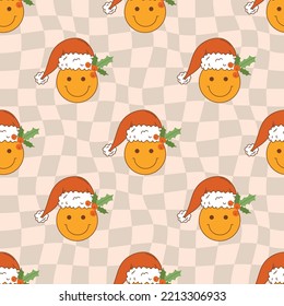 70s retro seamless pattern with hippie groovy smile faces. Christmas smiles with Santa hat on checkerboard background. Vintage vector for fabric, wallpaper, packaging or wrapping paper.