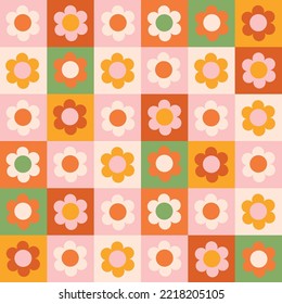 70s retro seamless pattern with hippie groovy flowers. Naive flower on checkerboard background.  Vintage vector for fabric, wallpaper, packaging or wrapping paper.