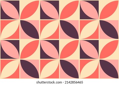 70s Retro seamless pattern with simple geometric shapes. Minimalist bauhaus trendy print design. Vintage repeat texture in pink, purple and beige colors