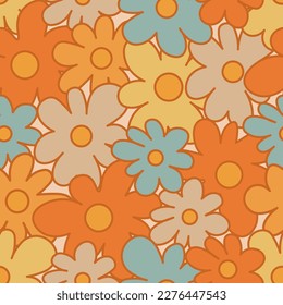 70s Retro Seamless Pattern With Stylized Flowers. 60s and 70s Retro style and Aesthetic. Colorful retro design. Seamless Flowers vintage background, vector illustration
