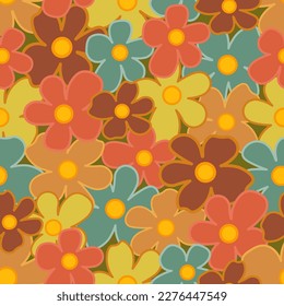 70s Retro Seamless Pattern With Stylized Flowers. 60s and 70s Retro style and Aesthetic. Colorful retro design. Seamless Flowers vintage background, vector illustration