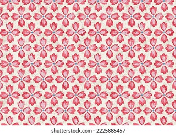 Patrón retro sin foco en la floral roja texturada de los años 70. Estilo retro y estético de los años 60 y 70. Patrón retro sin costura con flores sobre fondo texturizado