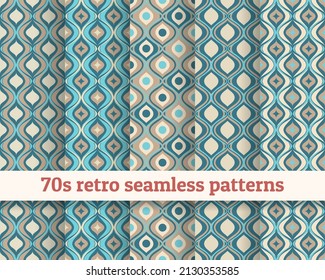 Los años 70 retro sin costura. Patrones de setenta, tapicería de los años 70, imágenes vectoriales color turquesa beige de 70 años, baldosas de decoración ondulada de geometría moderna