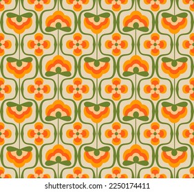 70's retro seamless vector pattern. Geometric floral vintage background. Abstract seventies texture