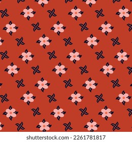 70s Retro Seamless vector vintage flower pattern with red background. 60s 70s retro style and aesthetic. Mid centruty modern seamless pattern perfect for wallpaper, fabric, textile, background etc