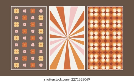 70's Retro nahtloses Tapete Muster Material .Geometrische stilisierte Blumen, Quadrate und Kreise.Papier, Schreibwaren, Karte, Banner, Geschichten und Posts .Vektorgrafik.