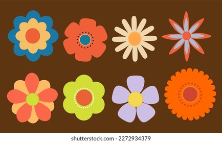 70s Retro - seventies flowers seamless pattern. Groovy daisi flower. Hippie aesthetics, vintage style, fall colors. Retro textile design, vector illustration.