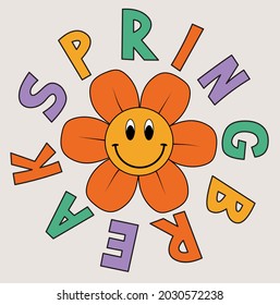 70s retro smiling daisy flower illustration print with inspirational slogan for girl - kids graphic tee t shirt or sticker - Vector