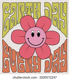 70s retro smiling daisy flower illustration print with inspirational slogan for girl - kids graphic tee t shirt or sticker - Vector