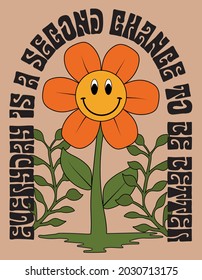 70s retro smiling daisy flower illustration print with inspirational slogan for girl - kids graphic tee t shirt or sticker - Vector