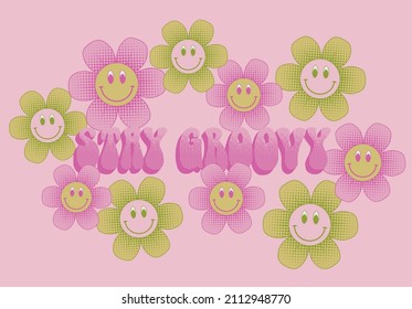 70s retro smiling daisy flower illustration print with inspirational slogan for girl - kids graphic tee t shirt or sticker poster - Vector