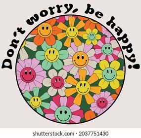 70s retro smiling daisy flowers illustration print with groovy slogan for girl - kids graphic tee t shirt or sticker - Vector