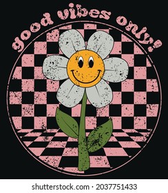 70s retro smiling daisy flowers illustration print with groovy slogan for girl - kids graphic tee t shirt or sticker - Vector