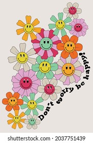 70s retro smiling daisy flowers illustration print with groovy slogan for girl - kids graphic tee t shirt or sticker - Vector