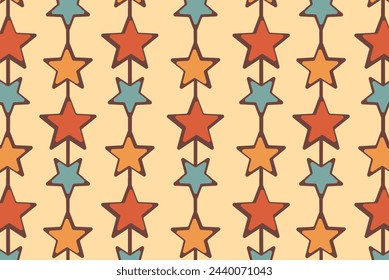 70s Retro Star Orange and Blue Stripes Vector Seamless Pattern