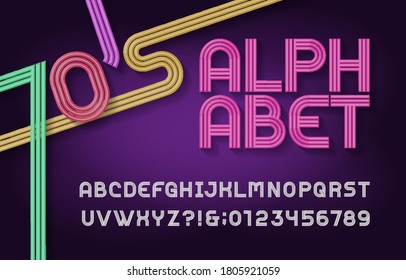 70s Retro stripe alphabet font. Funky type 3d letters, numbers and symbols. Typography for headlines, posters etc. in 70s style.