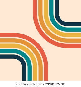 70s retro stripes background. Vintage backdrop with colorful lines. Copy space with two curvy parts facing each other. Circle fractal design elements. Old fashioned wallpaper. Vector illustration. 