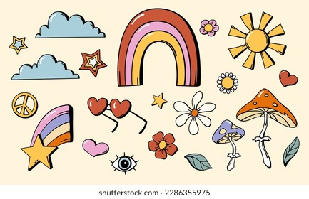 70s retro style nature and floral design elements set. s collection. Sun, cloud, rainbow, stars, flowers, mushroom, eye, leaf, heart.
