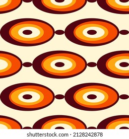 El estilo retro de los años 70 combina a la perfección los colores marrón, naranja y rojo. Papel pintado de época. Diseño vector abstracto con formas elipsis. 