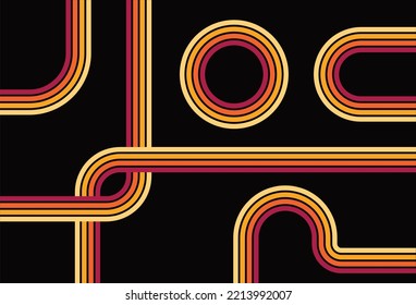 70's retro style. Vintage inspired stripes. For backgrounds, posters, t-shirt, print, banners. Simple vector illustration. Set of geometric shapes and lines. Colorful, bold, eye-catching design.