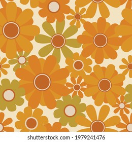 70's retro sunflower seamless vector pattern. Bold, funky floral illustration print in yellow, orange and green. Seventies style, summer, spring, flower power design. Repeat background texture art.