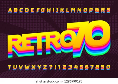 70s retro typeface. Uppercase colorful letters and numbers. Halftone background. Stock vector alphabet font for your design in 70s style.