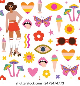 70s retro vintage summer seamless pattern. Mushrooms, butterfly, roller girl, groovy flowers. Good vibes only. Nostalgia revival concept. Psychedelic trippy background, digital paper, wrapping paper.