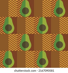 70's retro-style avocado pattern on diagonal striped background. chequerwise square vintage textile texture. Green and brown eco fabric design