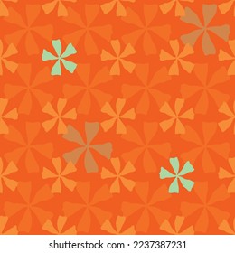 70s Rhythm, vector orange seamless pattern. Retro mix of aligned orange and celadon green five-petaled flowers, solid and transparent. Part of First Floral collection by Last Island Art.