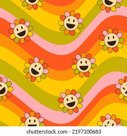 70s seamless groovy pattern with colorful daisy flowers. Psychedelic floral vector background with rainbow colors and smiling faces. Fun hippie texture for surface design, wallpaper, paper