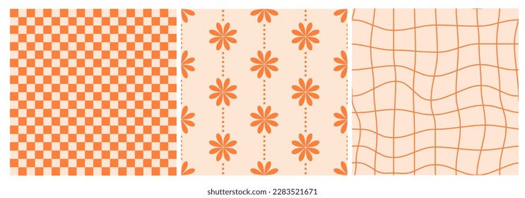 70s Seamless Pattern Pack in Orange, Daisy Flowers, Trippy Grid. Groovy Background, Wallpaper, Retro, Vintage, Hand-Drawn Seventies Style, . Flat Design, Hippie Aesthetic.