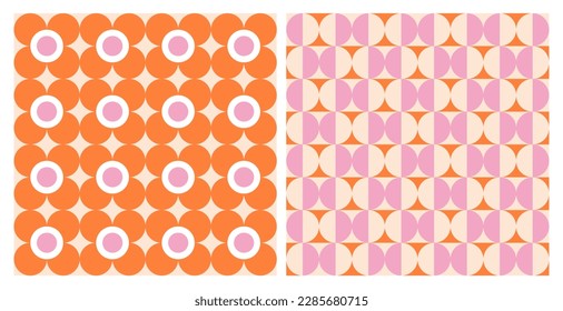 70s Seamless Pattern Pack in Orange and Pink, Daisy Flowers. Groovy Background, Wallpaper, Retro, Vintage, Hand-Drawn Seventies Style. Flat Design, Hippie Aesthetic.