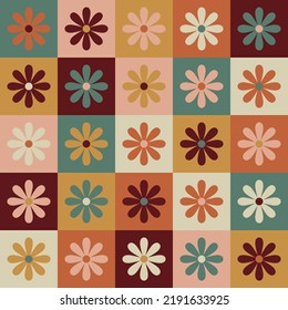 70's seamless pattern. Retro flower geometric seamless background in seventies style. Groovy scrapbook paper. Yellow, orange, brown, green vintage colors vector pattern