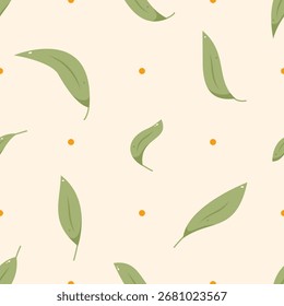 70s seamless pattern with wavy green leaves and yellow dots.