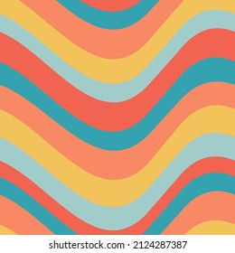70s Seamless Vector Pattern With Abstract Rainbow Waves. Psychedelic Background With Colorful Wavy Lines. Fun Groovy Texture For Surface Design, Wallpaper, Wrapping Paper, Textile