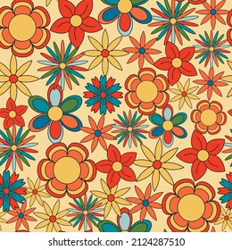 Patrón vectorial sin fisuras de los años 70 con flores de groovía vintage. Psicodelic de fondo floral. Textura de pradera hippy divertida para el diseño de superficie, papel de pared, papel de envoltura, textil