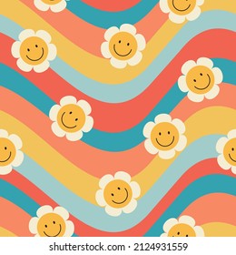 70s seamless vector pattern with vintage daisy or camomile groovy flowers. Psychedelic floral background with rainbow and smiling faces. Fun hippy texture for surface design, wallpaper, paper