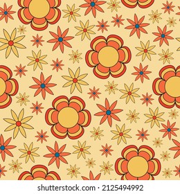 70s seamless vector pattern with vintage groovy flowers. Psychedelic floral background. Fun hippy meadow texture for surface design, wallpaper, wrapping paper, textile