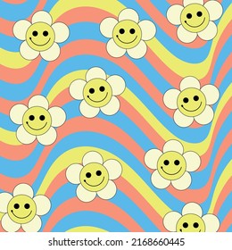 70s seamless vector pattern with vintage daisy or camomile groovy flowers. Psychedelic floral background with rainbow and smiling faces. Fun hippy texture for surface design, wallpaper, paper