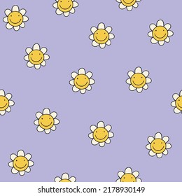 70s seamless vector pattern with vintage daisy or camomile groovy flowers. Psychedelic floral background with smiling faces flower. Fun hippy texture for surface design, wallpaper, paper, textile.