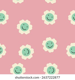 70s seamless vector pattern with vintage daisy or camomile groovy flowers. Psychedelic floral background with smiling faces.
