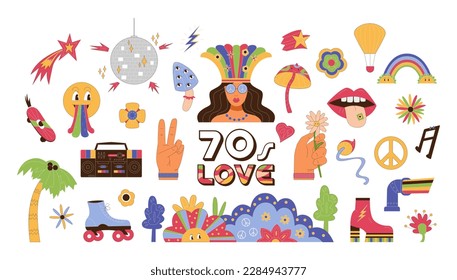 The 70s signs and symbols big vector collection. Funky retro stickers of flowers, mushrooms, rainbows and other decorative elements isolated on white. 