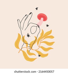 Composición decorativa del estilo de los años 70 con hongos, hojas y estrellas. Dibujos de vectores a mano alzada. Para tarjetas, impresiones, carteles, etc.
